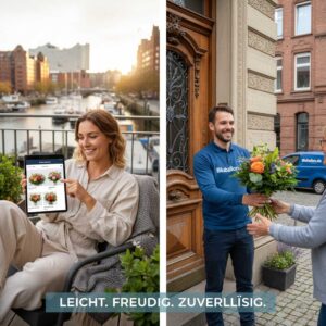 Eine inspirierende Collage, die den bequemen Prozess der Online-Blumenbestellung in Hamburg darstellt: Eine Frau bestellt entspannt auf einem Balkon Blumen über ein Tablet, während in der zweiten Szene ein freundlicher Bluballon.de-Kurier einen frischen Blumenstrauß an einer Hamburger Haustür übergibt. Die Bilder vermitteln Leichtigkeit, Freude und zuverlässigen Service.